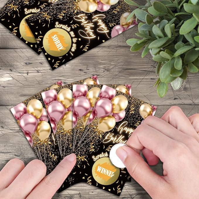 Haizct 50 Pack Black Gold Birthday Party Scratch Off, Black Gold Glitter Balloons Scratch Card for Birthday Partys Lottery Group Game Party Raffle Tickets, Bridal Shower Bachelor Game