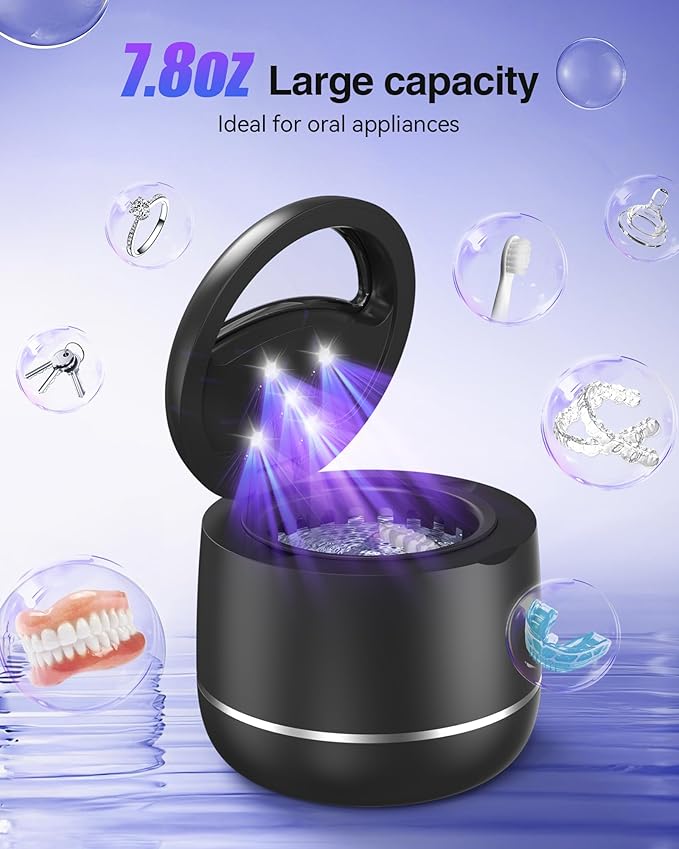 Ultrasonic Retainer Cleaner, 48kHz Denture Cleaner Machine with Dual Mode Digital Timer for Braces, Night Guard, Mouthguard, Toothbrush, Jewelry, 7.8OZ Dental Cleaning Pod