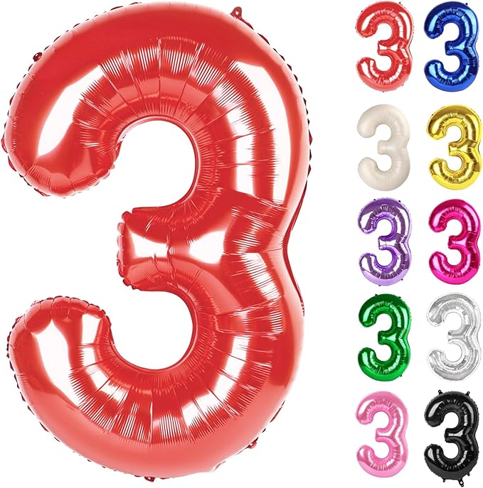 Red Number 3 Balloon 40 Inch, 3 Balloon Number, 3rd Birthday Decorations, Red Party Supplies for Boys Girls