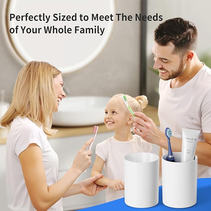 Toothbrush Cup 13.75oz 390ml with Non-Slip Pad, Easy to Clean Bathroom Cup 2Pcs, Reusable Plastic Bathroom Tumbler, White