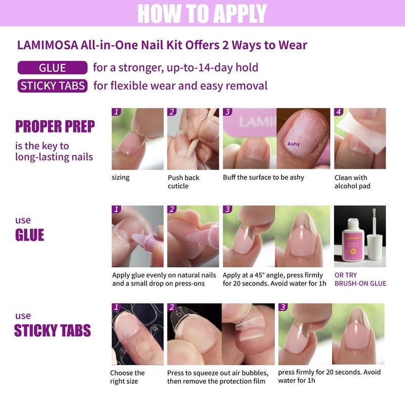 LAMIMOSA 32Pcs French Tip Press on Nails Medium Square – Soft Gel Fake Nails in 16 Sizes, Reusable Semi-Transparent Glue on Nails kit, BALLERINA