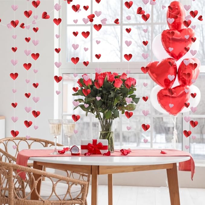 10 Pack 130ft Red, Glitter Pink Heart Party Garland Asymmetrical Love Hanging Banners for Birthday Wedding Decorations Mothers Day Bachelorette Bridal Shower Engagement