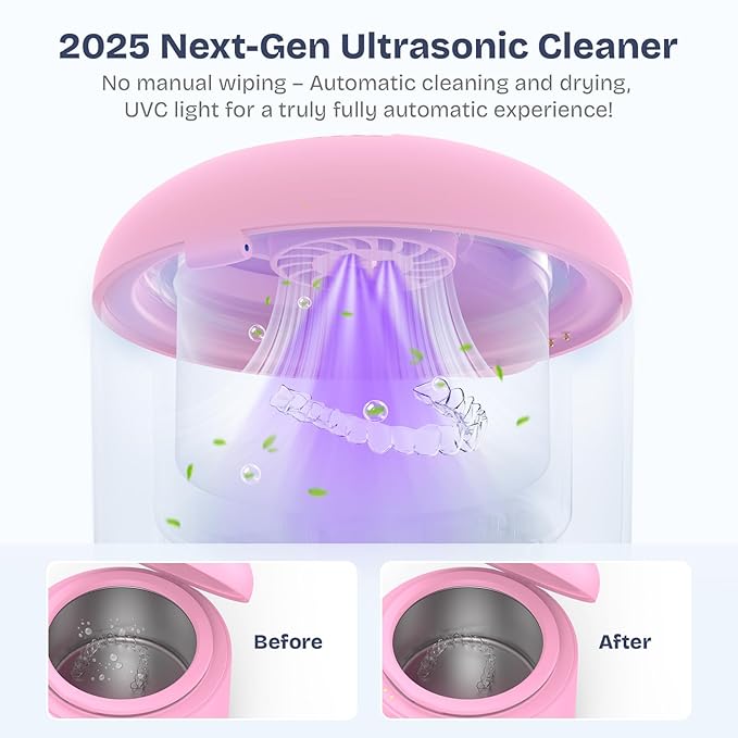 2025 Ultrasonic Retainer Cleaner- 45KHz 25W Portable Denture Cleaner with Drying Function and Removable Inner for Dentures, Mouth Guards, Aligners, Jewelry and More (Pink)