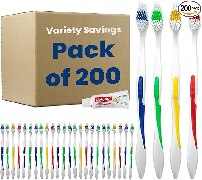 200 Toothbrushes Bulk Wholesale Quantity Standard Size, Dental Care Toiletries, Medium Soft Bristles, Individually Wrapped, Homeless Care, Disposable Use, Hotels, Travel