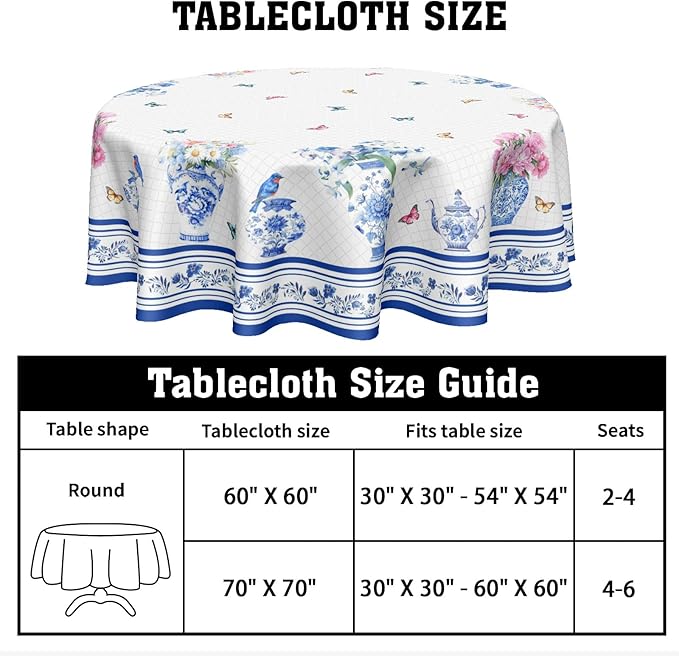 Spring Summer Round Tablecloth Blue Vase Floral Circle Table Cloth 70 Inch Chinoiserie Farmhouse Table Cover Washable Polyester Indoor Decorations for Home Kitchen Dinning Party