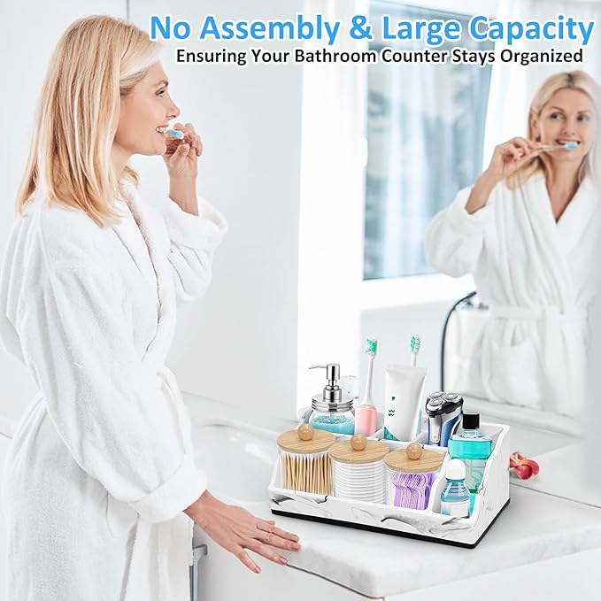 Marble Toothbrush Holder for Bathroom Organizer Countertop, Toothbrush Organizer with 3PCS Qtip Holder Dispenser, Toothbrush and Toothpaste Holder for Bathroom Counter Organization Storage Vanity