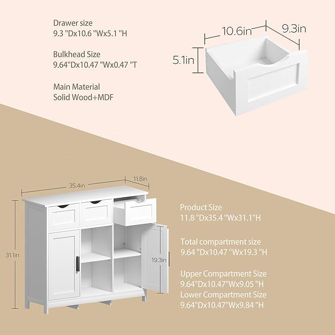 Sideboard Floor Storage Cabinet - Wooden Storage Organizer with 2 Doors and 3 Drawers, Free Standing Accent Buffet Cabinet with Adjustable Shelves for Living Room, Kitchen,Bathroom (White)