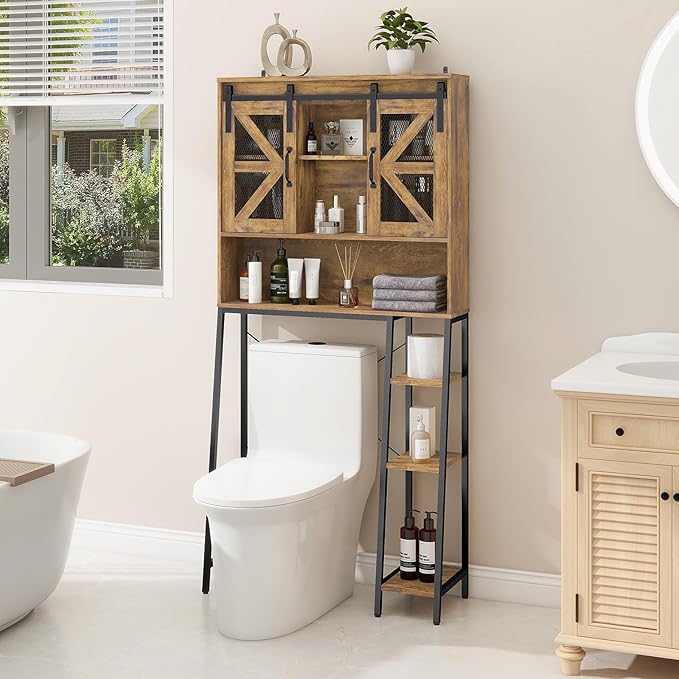 Vabches Over The Toilet Storage Cabinet, Farmhouse Storage Cabinet Over Toilet with Sliding Barn Door，Home Space-Saving Toilet Rack, for Bathroom, Restroom, Laundry