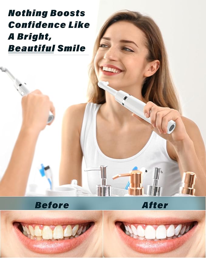 Tooth Polisher, Rechargeable Tooth Whitening Kit for Teeth Cleaning and Whitening, with 3 Tooth Polish Paste and 5 Brush Heads, LED Light, Easy to Use at-Home Personal Dental Care Kit