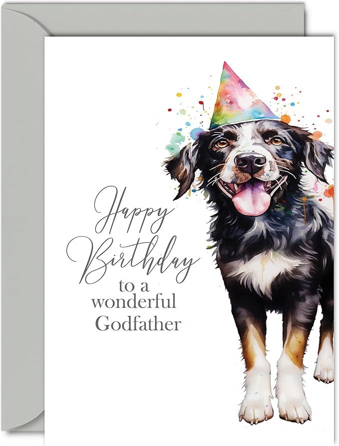 Birthday Cards for Godfather - Party Hat Dog - Happy Birthday Card for Godfather from Godson Goddaughter, 5x7 Inch Bday Gifts Greeting Cards for Men Him