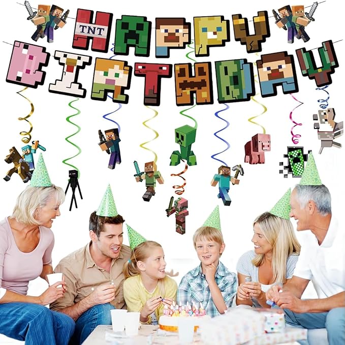13 Pcs Pixel Game Theme Happy Birthday Decorations, Includes Happy Birthday Banner & Spiral Hanging Decorations, Ideal for Game Theme Birthday Party Decorations