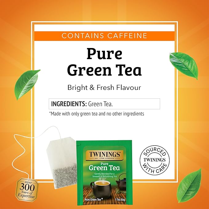 Twinings Pure Green Tea Individually Wrapped Bags, 25 Count (Pack of 6), Smooth Flavour, Enticing Aroma, Caffeinated, Enjoy Hot or Iced, 150 Teabags