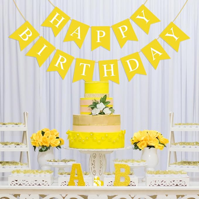 Yellow Happy Birthday Banner Sign for Backdrop Yellow Themed Birthday Party Decorations for Boys Girls Kids Party Banner Garland Bunting Flag Tea Party Supplies Wall Decor Yard Decorations
