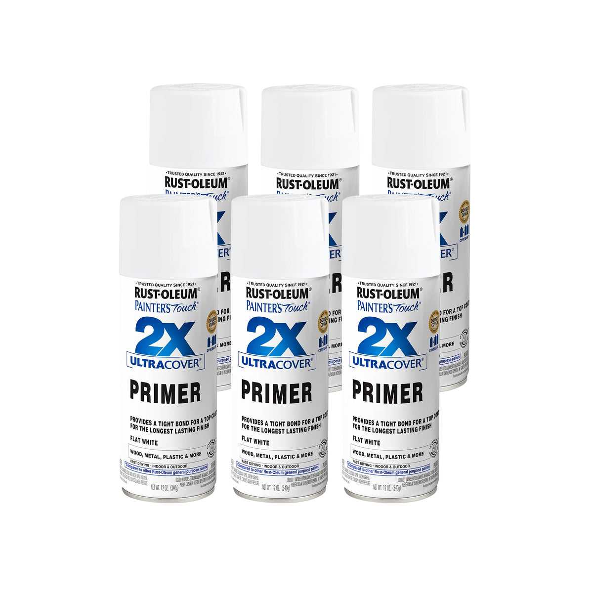 Rust-Oleum 334019-6PK Painter's Touch 2X Ultra Cover Spray Primer, 12 oz, Flat White, 6 Pack