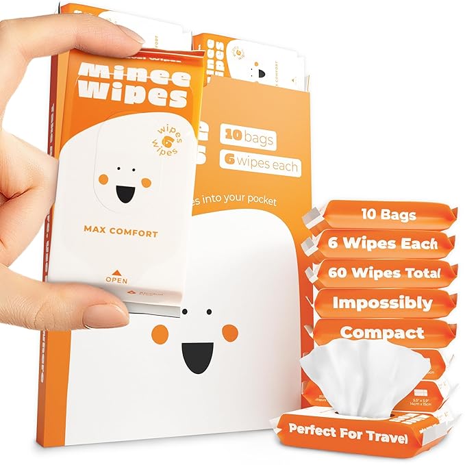 Impossibly Compact Travel Wipes - 99.5% Water - Safe for Sensitive Skin & Hypoallergenic, Resealable, Thick & Durable - For Adults, Kids & Baby Care - Unscented, 10 Pack Total 60 Wipes