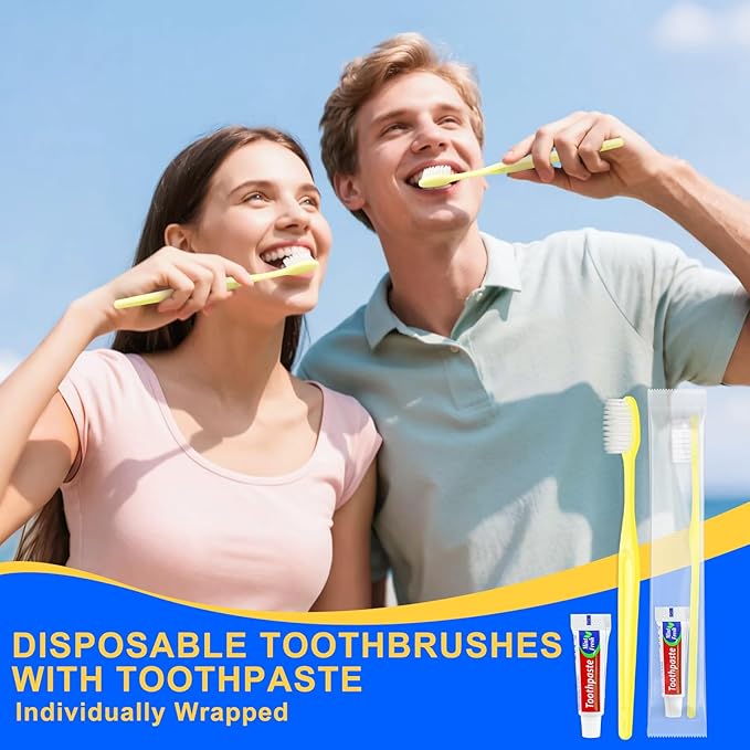 Yellow Disposable Toothbrushes with Toothpaste - Pack of 100,Individually Wrapped Single Use Travel Toothbrushes Kit Bulk for Homeless,Guests,Hotel,Dentist