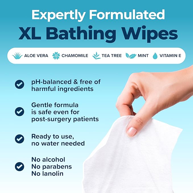 Body Wipes For Adults Bathing No Rinse 100pc XL - Ultra Thick Shower Travel Wipes For Personal Cleansing & Hygiene Essentials, Elderly Care, Incontinence Disposable Washcloths For Women Men