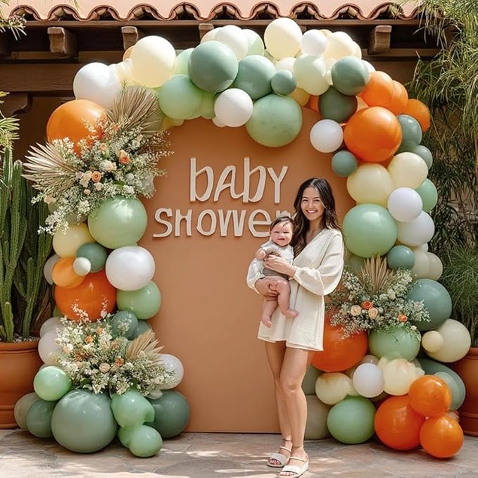Dusty Green Orange White Balloon Garland, Double Stuffed Burnt Orange Sage Green Ivory Yellow Balloons Arch Kit for Baby Shower Gender Reveal Easter Birthday Safari Jungle Party Decorations