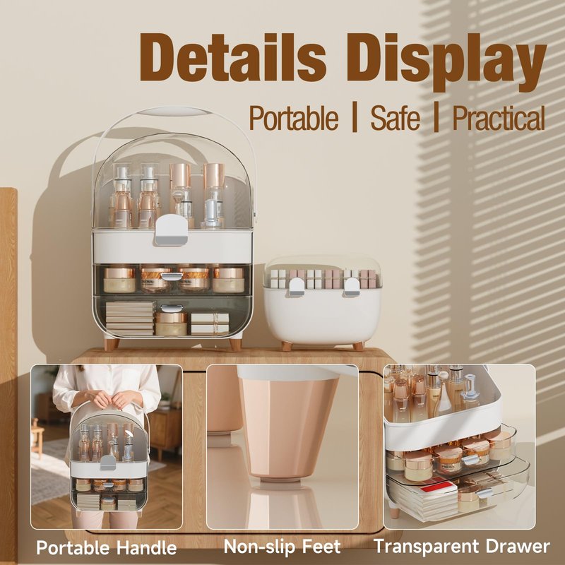 CLBDRESS Makeup Organizer for Vanity with perfume Storage Box, Countertop Skincare Organizer with 2 Drawers, Cosmetic Display Case for Perfumes, Eyeshadow Palettes, Nail Polishes, Silver