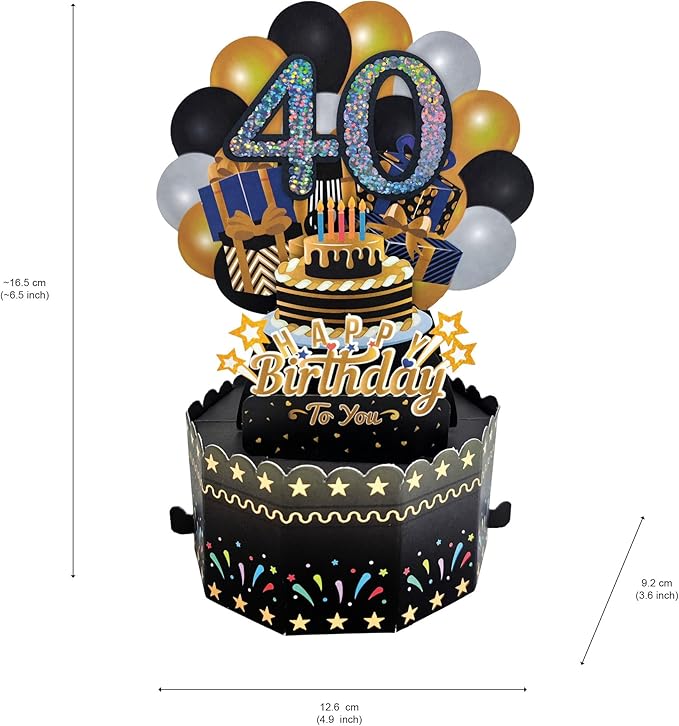 40th Birthday Cards 3D Popup Birthday Greeting Cards - Birthday Greeting Card for Men and Women, Mom and Dad with Blank Note and Envelope Included (Black Gold)