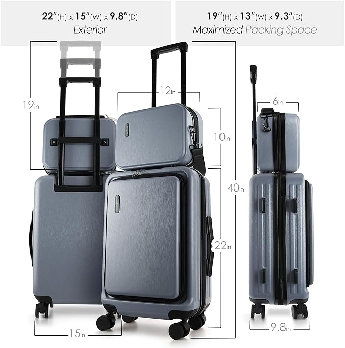 TRAVELARIM 20 Inch Carry On Luggage 22x14x9 Airline Approved, Carry On Suitcase with Wheels, Hard-shell Carry-on Luggage, Durable Luggage Carry-On, Grey Small Suitcase with Cosmetic Case