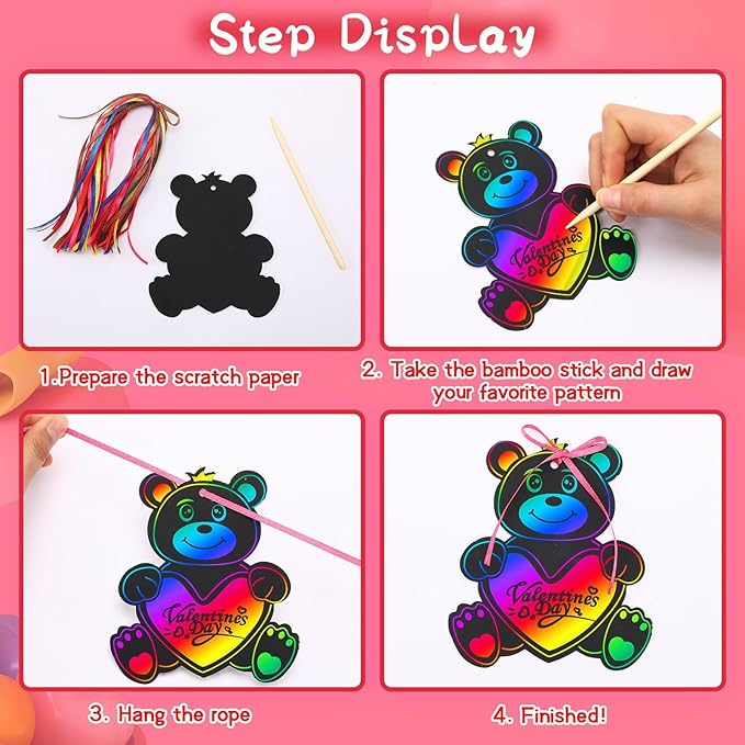 JULMELON Valentine Crafts for Kids, 36 Pack Heart Shape Scratch Art Paper Crafts Kit Magic Rainbow Scratch Cards Hang Tags Goody Bag Stuffers Valentines Day Gifts for Kids