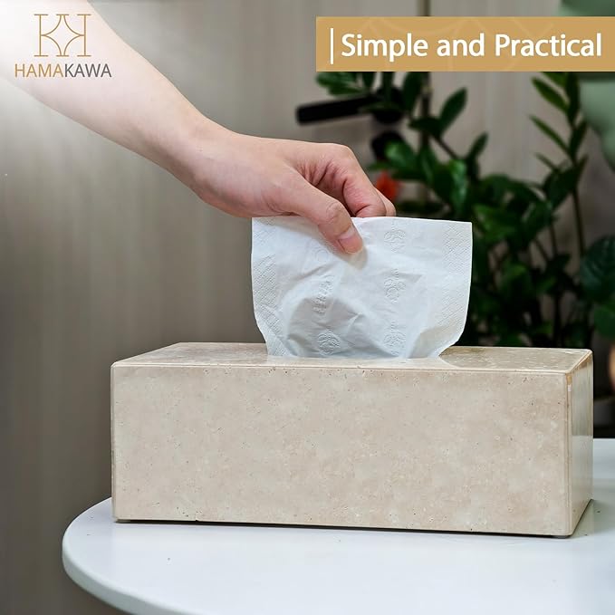 Natural Marble Tissue Box Cover, Beige Tissue Organizer L 10 x W 5.5 x H 3.5 Inch, Heavy Stone Decorative Box, Square Tissue Box Holder for Home Decor, Kitchen, Bathroom