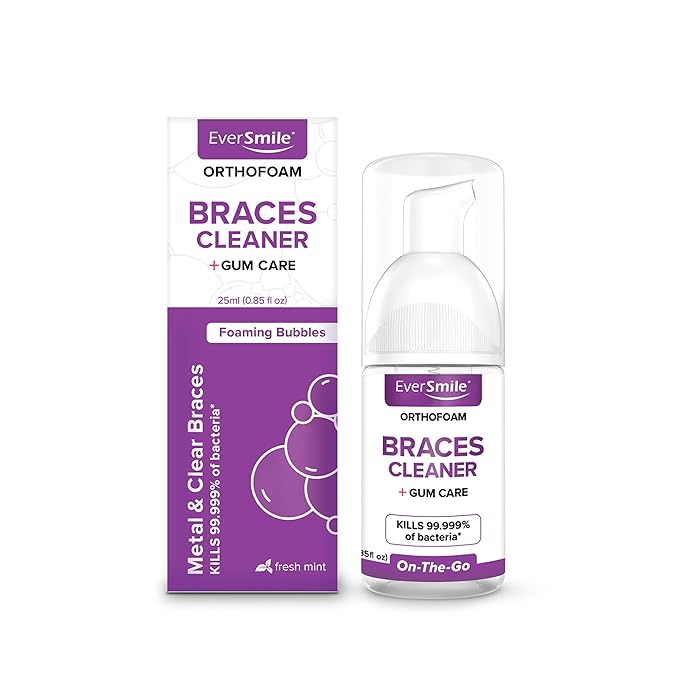 EverSmile OrthoFoam Braces Cleaner — Travel Size – Brushable Foam Whitens Teeth, Eliminates Bacteria, Fights Plaque and Bad Breath – Cleans Under Metal, Ceramic, Clear Brackets and Wires – 25ml