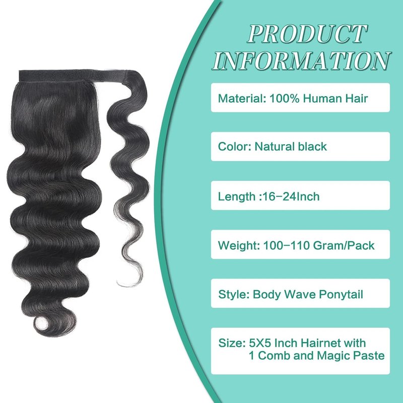 Body Wave Ponytail with Magic Paste Warp Around for Black Women Natural Color 16 Inch