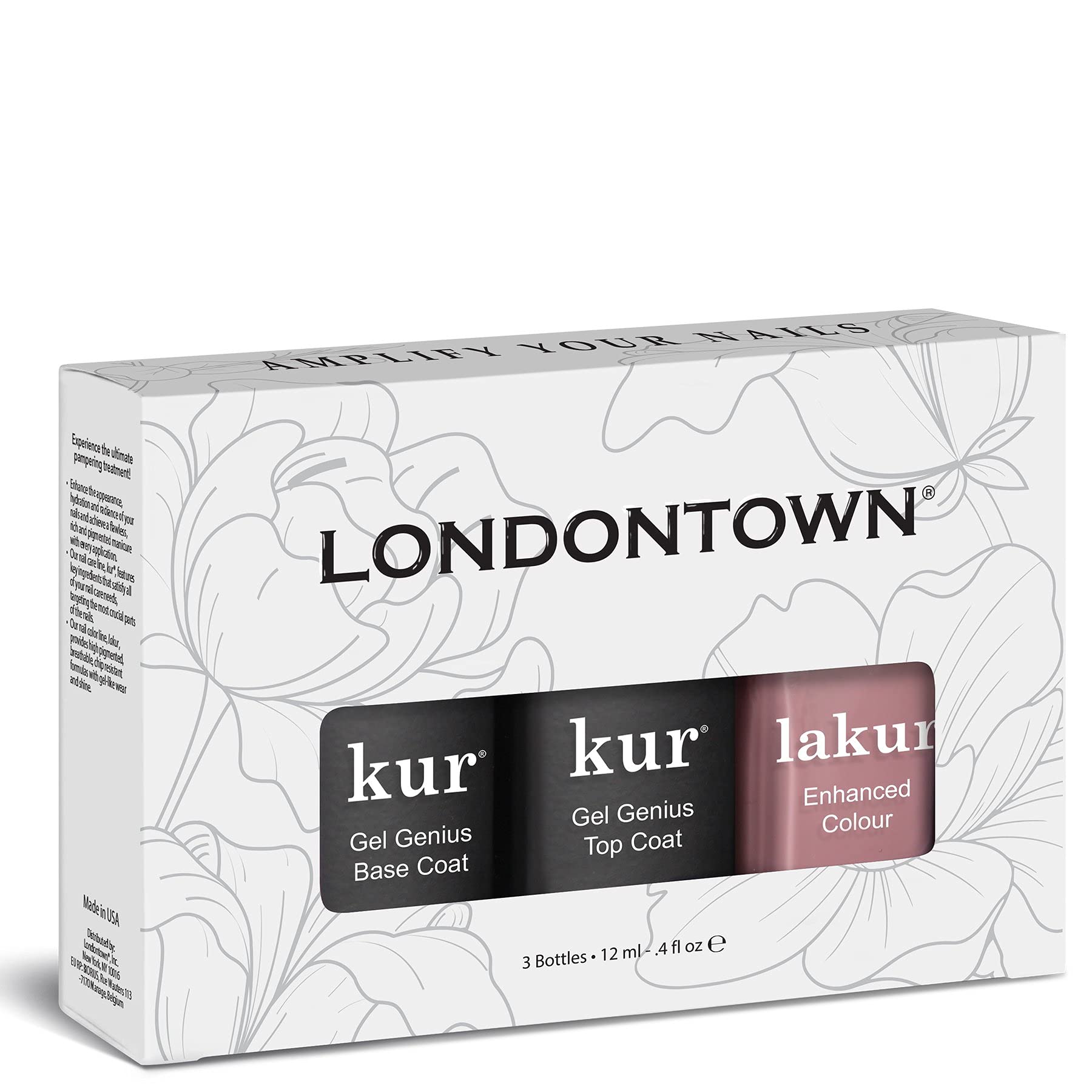 LONDONTOWN Manicure Trio Set Gel Genius Top & Base Coat, Lakur Nail Polish, Crowning Crumpet Sheer Mani