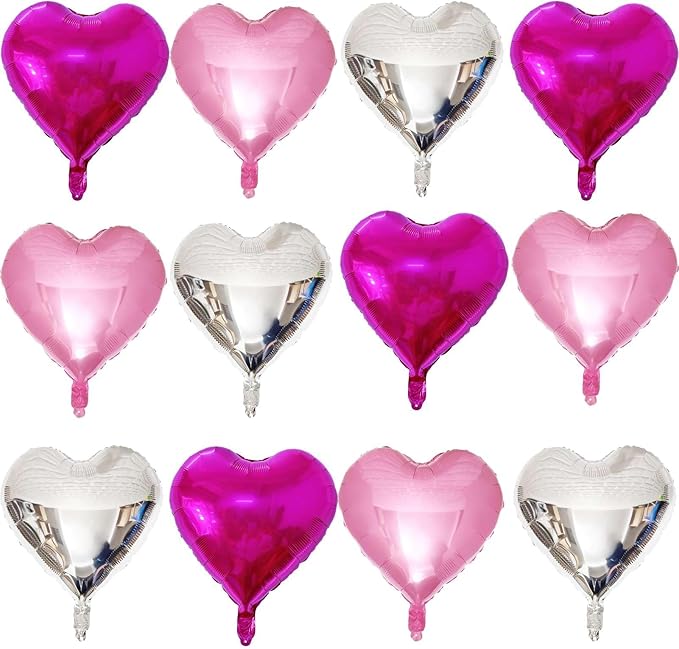 Lovoir 12 Pcs Pink Heart Shape Foil Mylar Balloons 18 Inch Love Balloons for Valentine's Day Birthday Party Decorations Wedding Engagement Romantic Decor (Pearl Pink & Silver & Hot Pink)