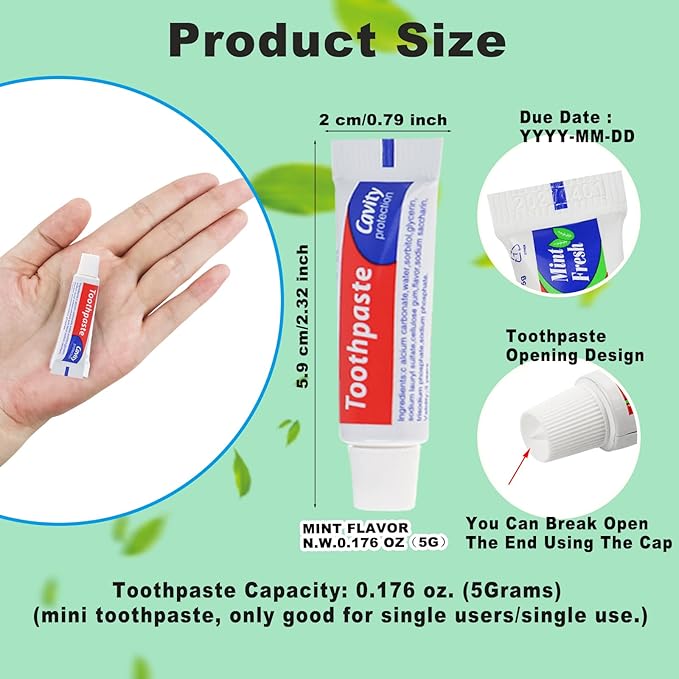 HAIFOTRVA 200 Tubes Bulk Travel Size Toothpaste, 0.176 Oz Extra Small Mint Mini Disposable for Hotel, Guests, Homeless, Charity (Too Small, Only Good for Single Use)