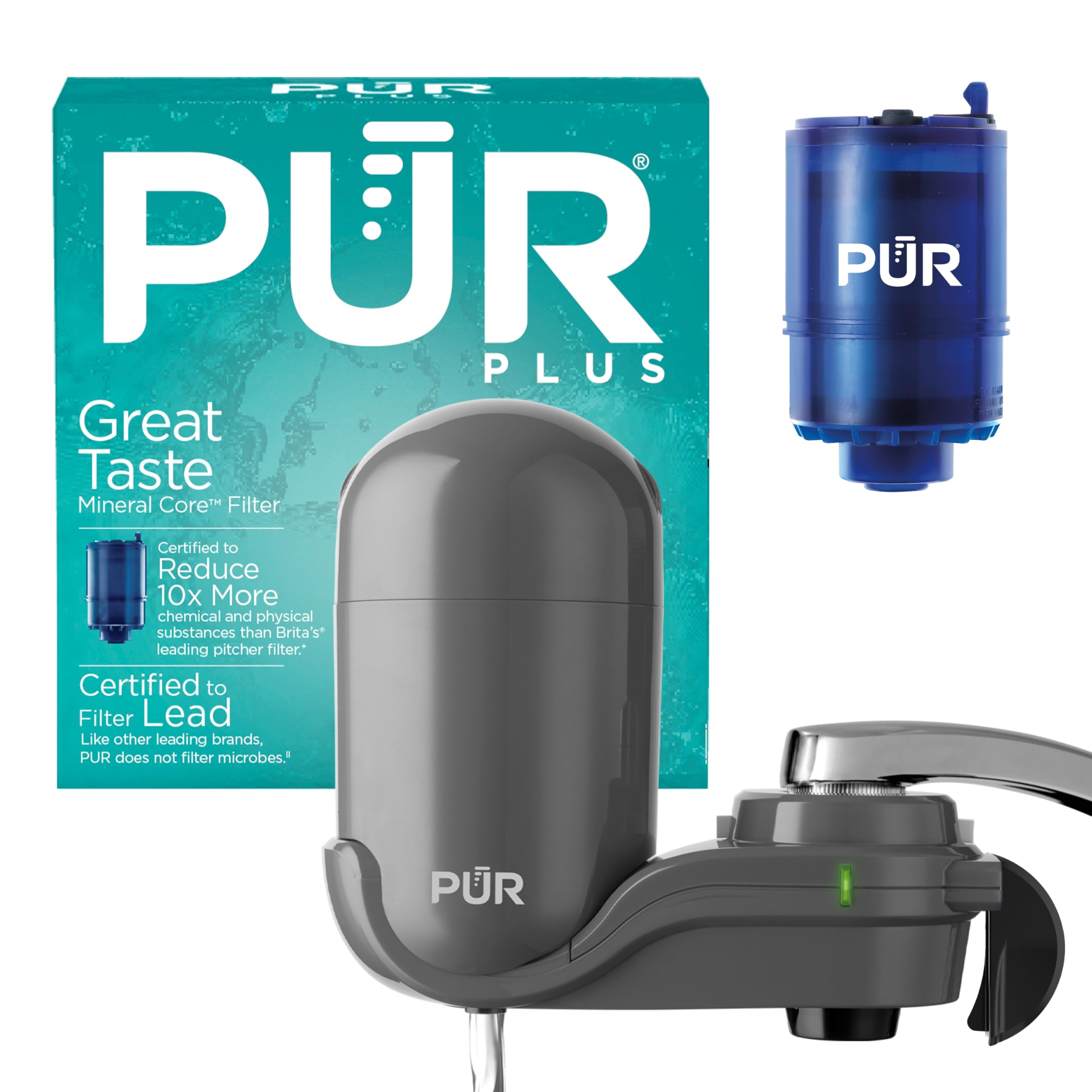 PUR Plus Vertical Faucet-Mount Water Filtration System, Lead-Reducing Filter, Easy Installation, 100-Gallon Capacity, Compatible with External Aerators, Grey