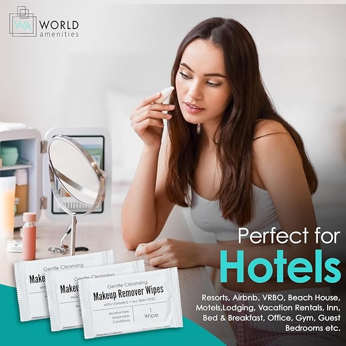 World Amenities - Bulk Makeup Remover Wipes | 500 Count| Individually Wrapped, Gentle Cleansing, Alcohol Free - All Skin Types - Vitamin E - 100% Recyclable, Hotel Travel Size Toiletries