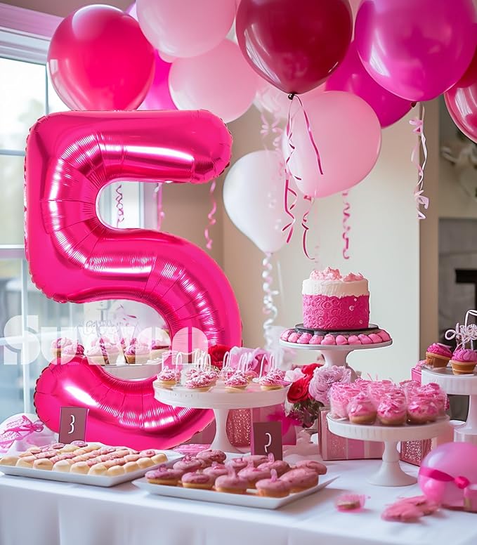 SUWEN 40 Inch Hot Pink Large 5 Number Balloons Big Foil Helium Number Balloons 0-9 Jumbo Happy 5th Mylar Birthday Party Decorations for Girl Anniversary Party Supplies