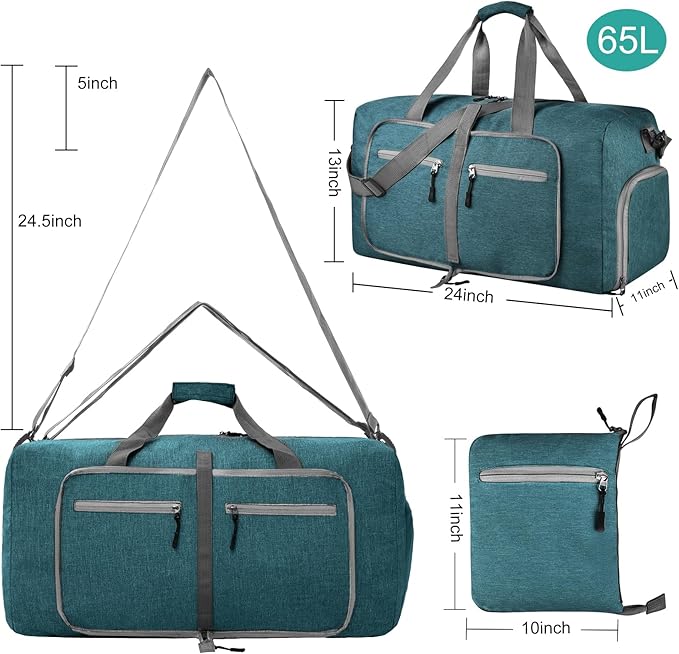 Dimayar 65L Travel Duffle Bag for Men Women - Foldable Duffel Bag with Shoes Compartment - Overnight Bags Waterproof & Tear Resistant(Green)