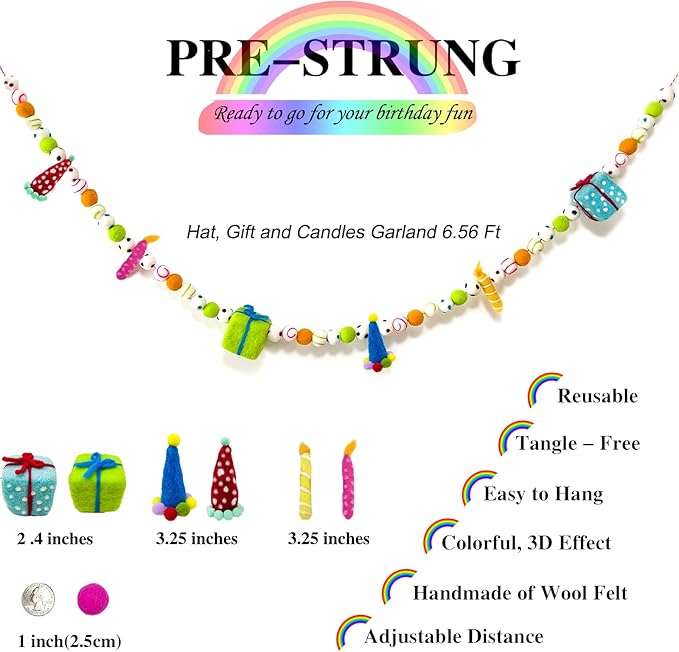 Pre-Strung Happy Birthday Banner, Colorful Felt Ball Garland, Felt Party Hats, Birthday Candles, Personalized Banner Sign for Holiday Decor Birthday Party Decoration