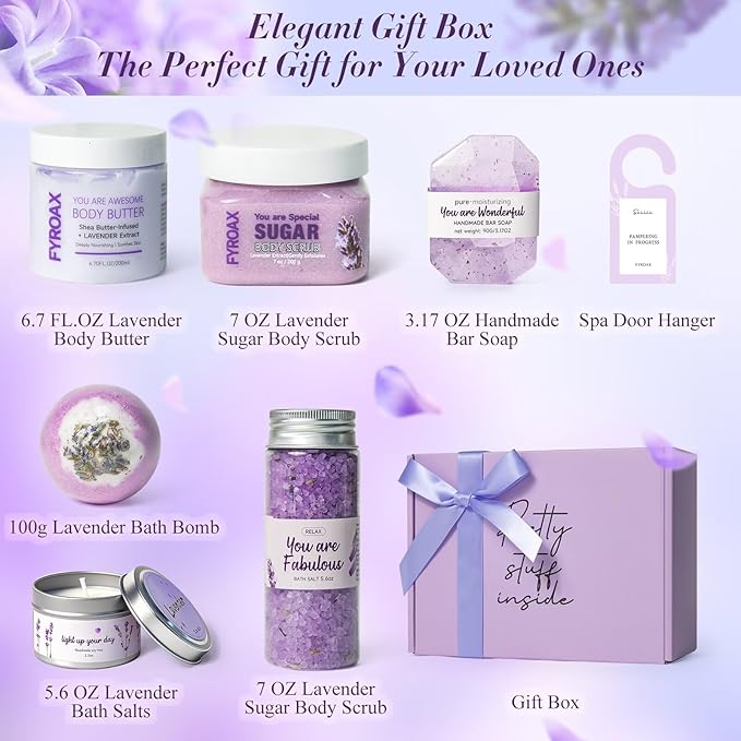 Spa Gifts for Women 7 Pcs Home Spa Kit Lavender Bath Set,Spa Gift Baskets Self Care Gifts Spa Gifts for Women Birthday,Mothers Day Basket Easter Christmas Bath Set