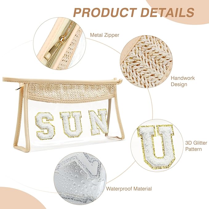 Boho Hand-woven Makeup Bag, Chenille Letter Patch Clear Travel Pouch, Rattan Straw Bag Clear Cosmetic Sunscreen Bags, Women Summer Retro Travel Beach Bag Beach Essentials (Boho_Beige-Sun)