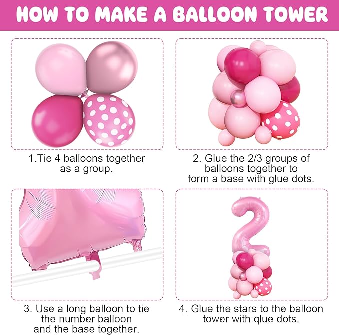 Pink 2nd Birthday Balloons Decorations, Hot Pink Rose Polka Dots Balloons Arch Kit, Huge Bow Foil Balloon, pink Number 2 Balloon Tower for Baby Shower Girls Princess 2nd Theme Party