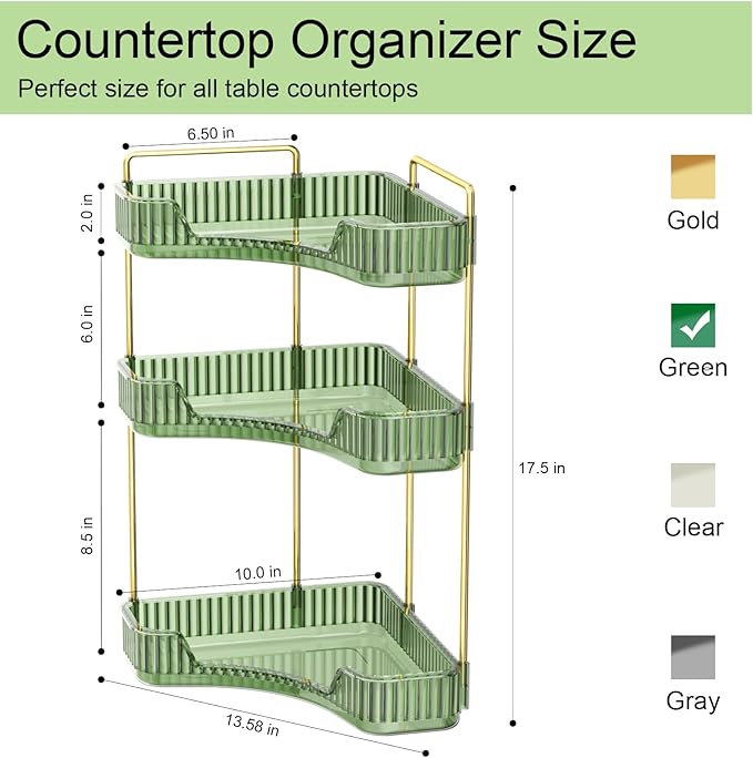 GTI 3-Tier Corner Bathroom Counter Organizer, Large Capacity Makeup Organizer Countertop, Perfume Cosmetics Skincare Vanity Organizers, Exquisite Countertop Storage for Women (Green)