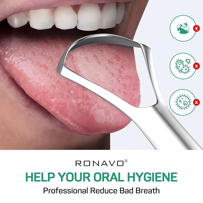 RONAVO Tongue Scraper Cleaner for Adults and Kids with Handy Travel Case, Professional Heavy Duty Scraper, Healthy Oral Care, Fights Bad Breath Odor, Easy to Use, 2 Sizes (4 Pack)