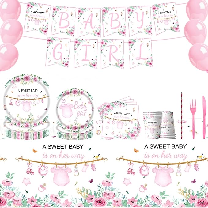 Pink Baby Girl Shower Party Supplies Tableware Sets,Includes Disposable Plates, Napkins, Cups,Straws,Cutlery, Balloons, Banner, and Tablecloth for Party Baby Shower Birthday Decorations,Serves 20