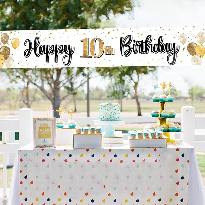 Happy 10th Birthday Decorations,10th Gold Balloon Large Birthday Hanging Banner Sign,Cheers to Ten Years Old Bday Party Supplies.