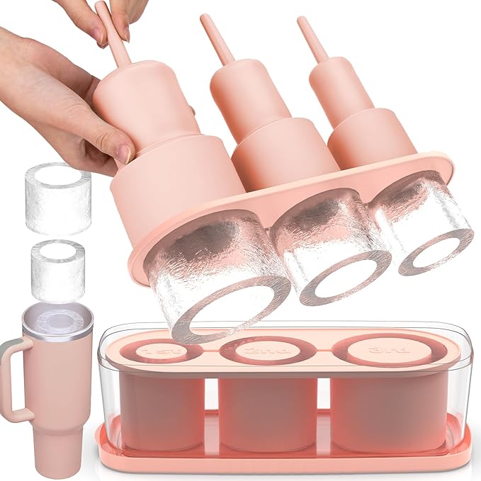 Ice Cube Tray for Tumbler Cup 30Oz-40Oz, 3 Pcs Silicone Cylinder Ice Mold with Lid and Bin for Freezer, Easy Fill and Release Ice Maker for Whiskey, Cocktail BPA-Free (Pink, 40Oz-Type2)