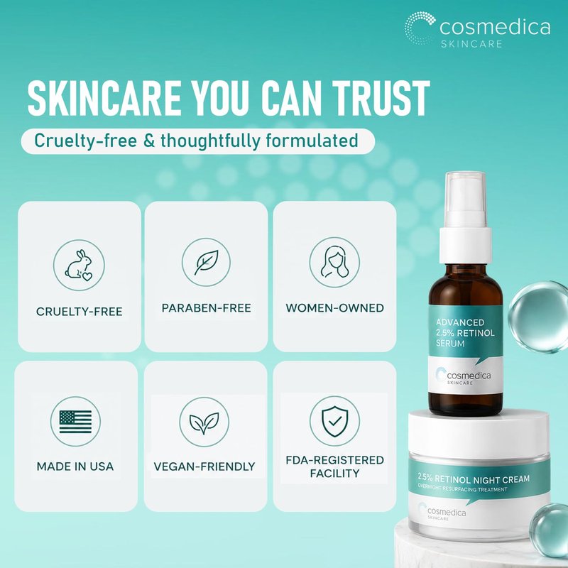 Cosmedica Retinol Serum 2.5%, 1oz & Retinol Cream 2oz Complete Anti Aging Skincare Combo Set
