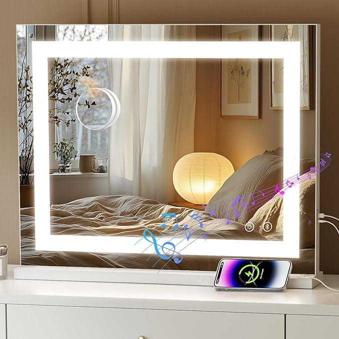 Fenair Vanity Mirror with Lights and Bluetooth Speaker 22.8* 18.1’ Hollywood Mirror with Crystal Light Strip Makeup Mirror, 3 Color LED Mirror USB Charging Port, 10X Magnification, Smart Touch, White
