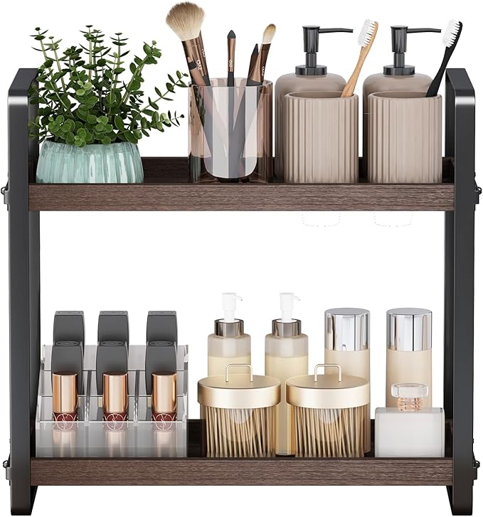 2-Tier Wood Bathroom Counter Organizer – Countertop Shelf, Sink Caddy & Makeup Storage, Brown