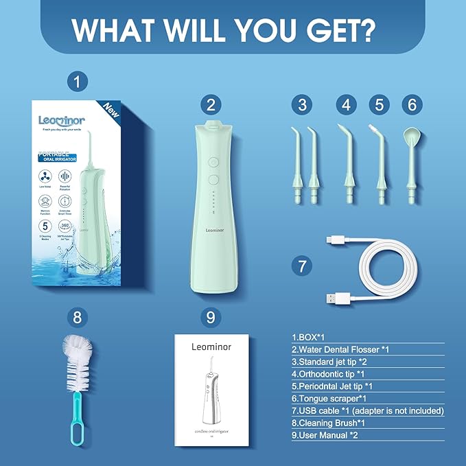 Leominor Water Dental Flosser - 5 Modes Cordless Portable Oral Irrigator, IPX7 Waterproof, Rechargeable Teeth Cleaner Upgrade Datchable Tank Professional Flossing Cleaning Pick for Home Travel(Green)