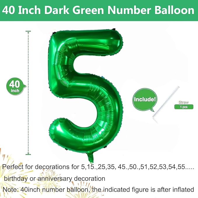 Green Number Balloons, 40 Inch Dark Green Balloon 5.5 Helium Balloon 5th Birthday for 5 Years Birthday Party Wedding Anniversary Decoration Children Girls Boys